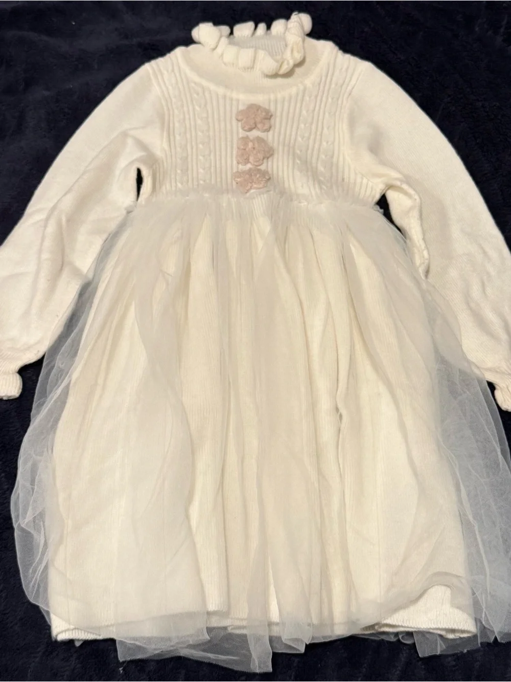 Le chic Cream Knit Tulle Formal Girls Dress Floral Appliqués 3T